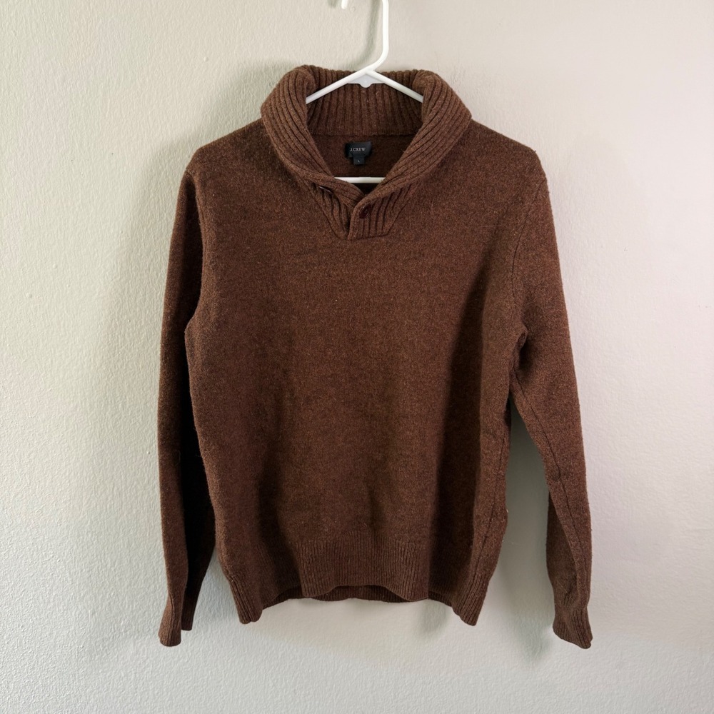 J.Crew Mens 100% Lambswool Shawl Collar Sweater Brown Large Button Pullover